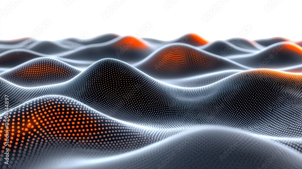Poster abstract representation of interconnected grids with glowing points creating a wave-like surface in 