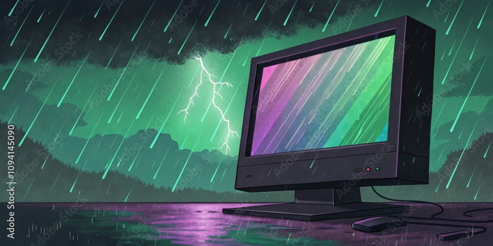 Poster daydream frequencies the monitor displays a burst of chaotic colorelectric greens and dusty purplesw