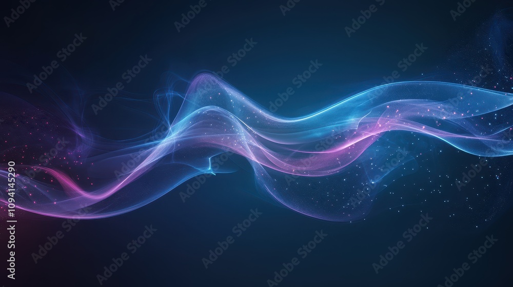 Poster abstract swirling waves of light in blue and pink hues with a subtle sparkling effect.