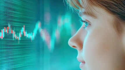 Macro side view of ear lobe with faint lines of stock market patterns overlayed, clean tones, market receptiveness