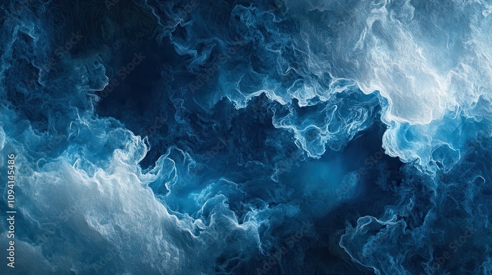 Poster abstract representation of swirling blue and white patterns resembling ocean waves.