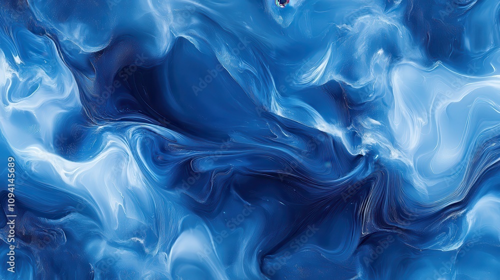 Poster abstract swirling blue patterns resembling fluid motion.
