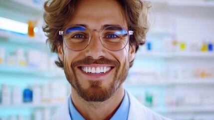 The pharmacist beams with a friendly smile, ready to assist customers in a bright and inviting pharmacy filled with products