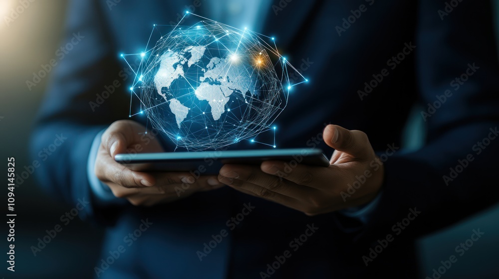 Poster a person holds a tablet displaying a digital globe with network connections.