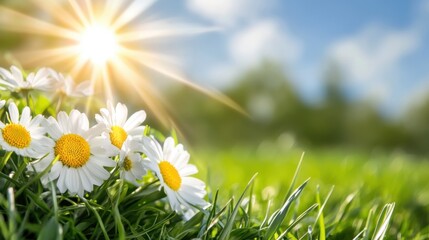 Morning sunlight bathes blooming spring flowers in warmth, highlighting their beauty against the backdrop of fresh green grass