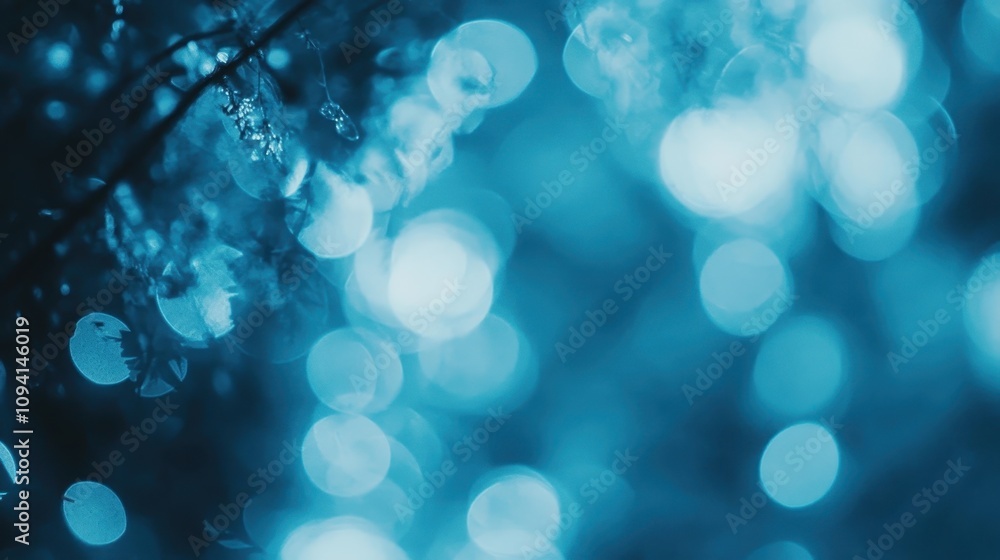 Poster a blurred background of blue bokeh lights creating a dreamy atmosphere.