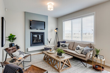 A living room with a fireplace, a couch, and a coffee table