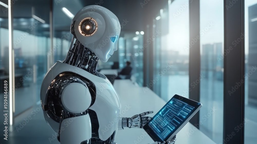 Aufkleber a humanoid robot interacting with a tablet in a modern office environment.