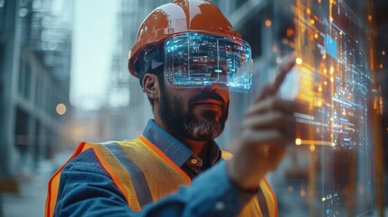 A construction worker wearing a smart vest that monitors body strain, detects fatigue, and provides safety alerts, with real-time biometric data displayed on an augmented reality interface