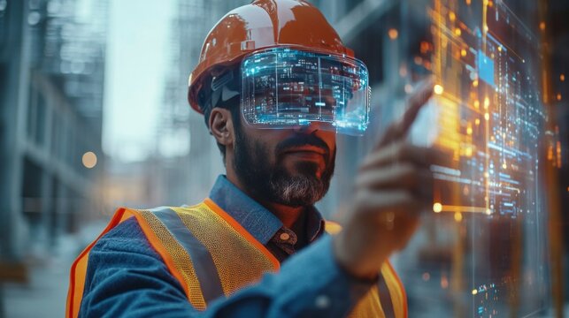 A construction worker wearing a smart vest that monitors body strain, detects fatigue, and provides safety alerts, with real-time biometric data displayed on an augmented reality interface