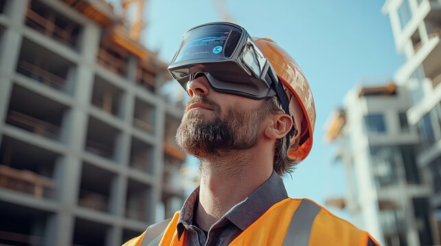 A construction worker wearing a smart vest that monitors body strain, detects fatigue, and provides safety alerts, with real-time biometric data displayed on an augmented reality interface