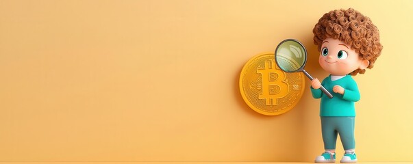 Obraz premium Curious kid with magnifying glass examining Bitcoin logo, techthemed setting, 3D illustration