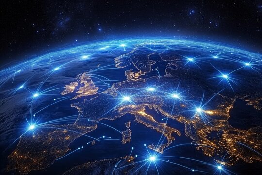 Global Internet Network and Communication Technology Across Europe with Telecommunication and Data Transfer Links