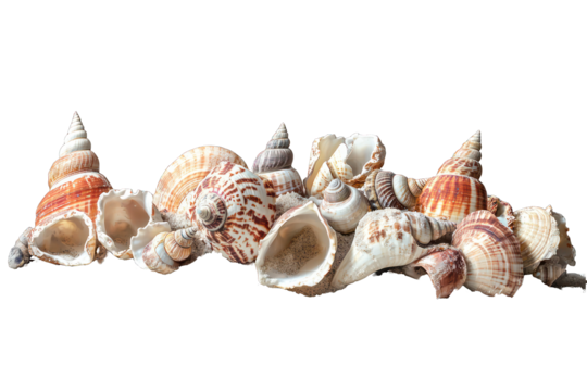 Side view of sea shells nestled in sand, artistically arranged on white.