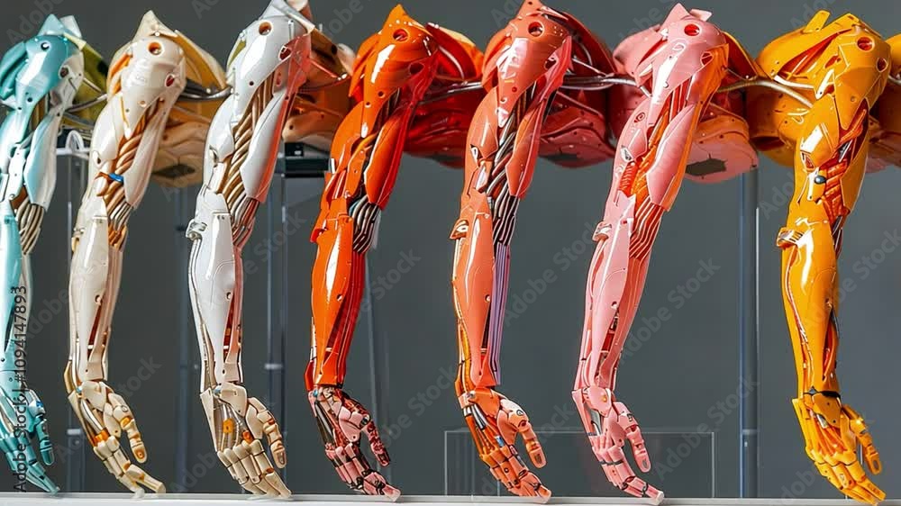 Poster a collection of robotic arms in vibrant colors showcases advanced engineering and design creativity.