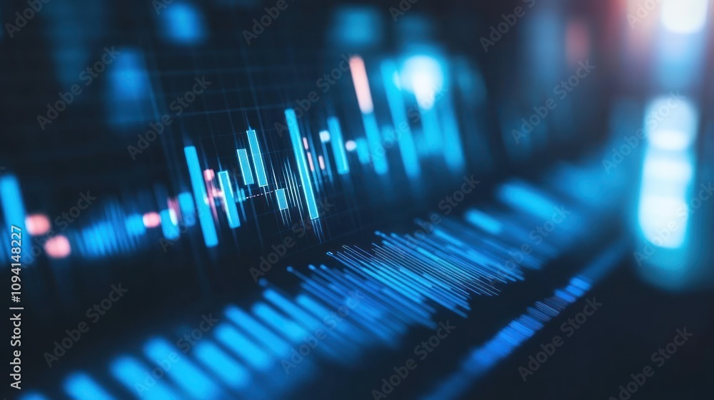 Poster abstract digital visualization of sound waves or data metrics in blue tones.