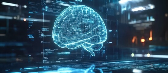 Digital brain holographic projection on a screen.