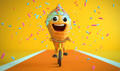 A cheerful ice cream cone character riding a bicycle with colorful sprinkles in a vibrant setting.