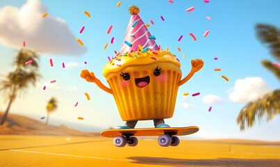 A cheerful cupcake character on a skateboard, celebrating with confetti in a sunny setting.