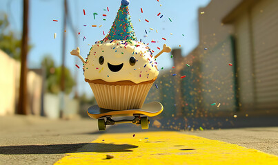 A cheerful cupcake with a party hat skateboards down a sunny street, spreading colorful sprinkles.