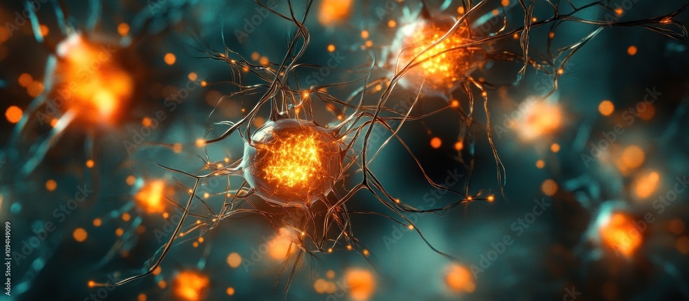 Poster microscopic view of glowing neurons interconnected, firing signals.
