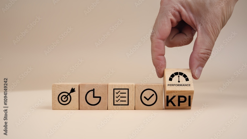 Poster business key performance indicator kpi concept with wooden blocks showing various icon symbols for d