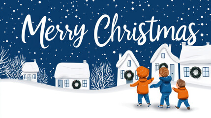 Merry Christmas illustration featuring children in winter attire, snowy landscape, and festive houses. joyful scene capturing spirit of holiday season