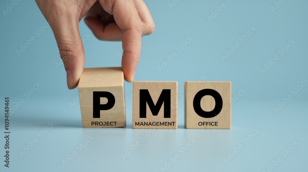 Poster project management office concept with wooden blocks spelling pmo on a colorful background symbolizi