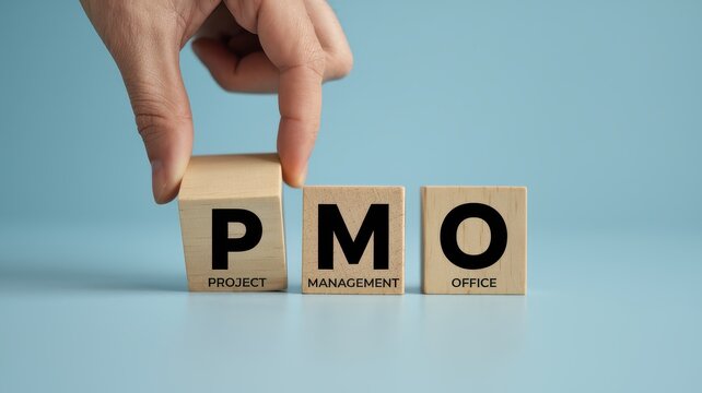 Project Management Office Concept with Wooden Blocks Spelling PMO on a Colorful Background  Symbolizing Business Planning Team Strategy and Workflow Organization