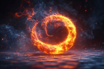 A fiery circle of flames with smoke on a dark background.