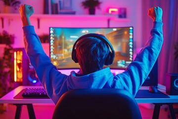 Young Gamer Celebrates Victory in Colorful Room with Neon Lighting and Gaming Setup