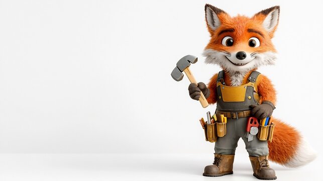 Cheerful and Friendly Fox Wearing a Tool Belt and Holding a Hammer with Detailed Fur Texture and Vibrant Tones on a Clean White Backdrop