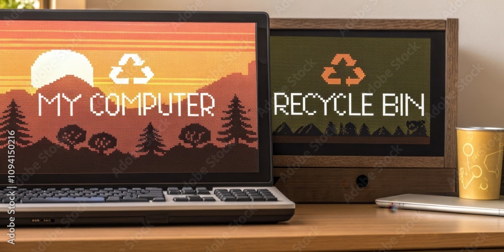 Aufkleber desktop closeup a cozy pixel art closeup of a desktop screen showing the my computer and recycle bin