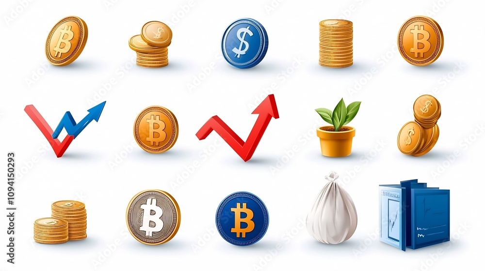 Poster collection of clean minimalist icons showcasing the concept of financial growth and successful busin