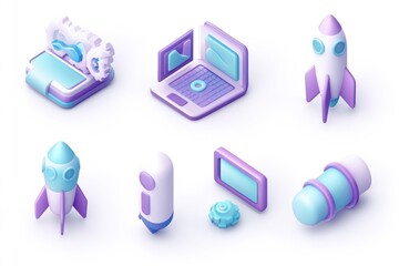A collection of isometric technology-themed icons including rockets and a laptop.