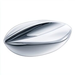 A sleek, polished silver object shaped like an oval, reflecting light elegantly, possibly a decorative piece or modern art.