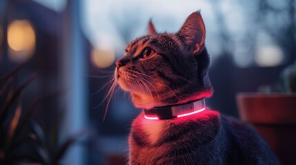 A smart pet tracker attached to a cat's collar, monitoring their daily routines, sleep patterns, and location, with holographic projections showing interactive maps and health stats