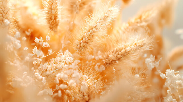 Soft golden wheat stalks and delicate white flowers create serene and warm atmosphere, perfect for evoking feelings of tranquility and nature beauty
