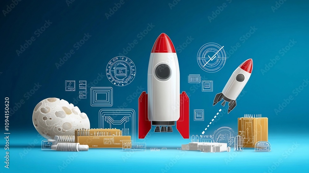 Poster Sleek and minimalist icons representing the concept of technological growth and progress  Includes circuit boards rocket ships and progress bars in a clean linear style