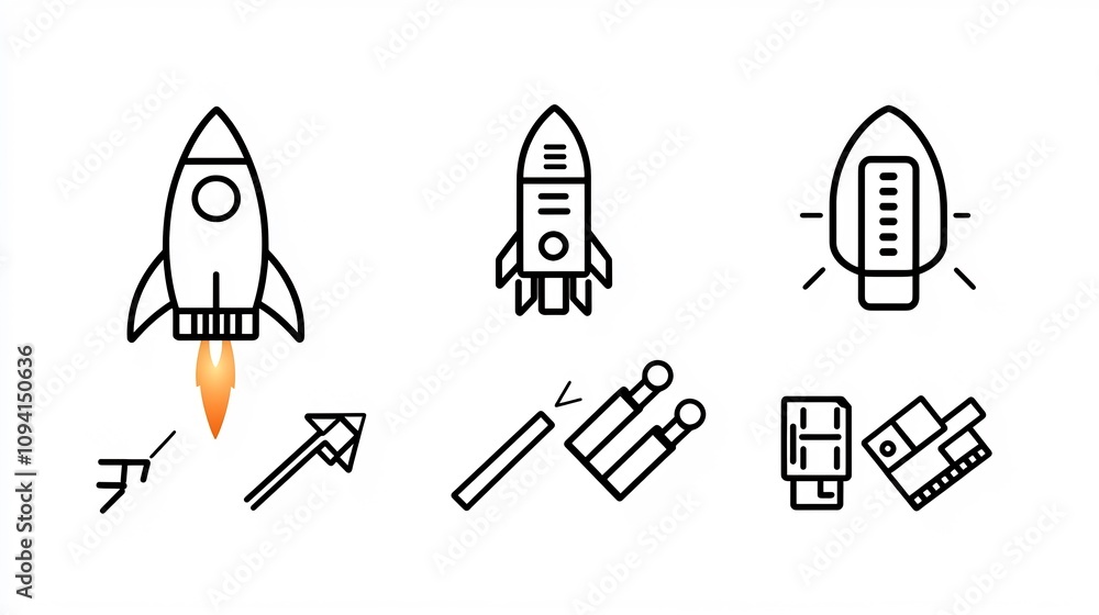 Poster Outline icons showcasing technological growth and advancement featuring circuit boards rocket ships and progress bars in a crisp linear format
