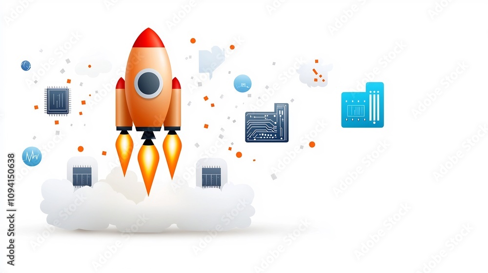 Poster Technological Growth Outline Icons in Crisp Linear Format Depicting Circuit Boards Rocket Ships and Progress Bars Representing Innovation and Digital Advancement