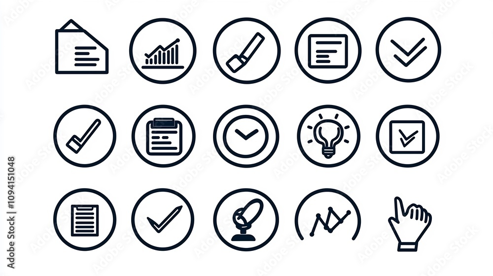 Poster Set of 15 outline icons designed for business workshop themes such as goals team skill development