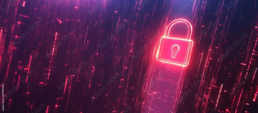 Poster glowing padlock icon on digital data stream background.