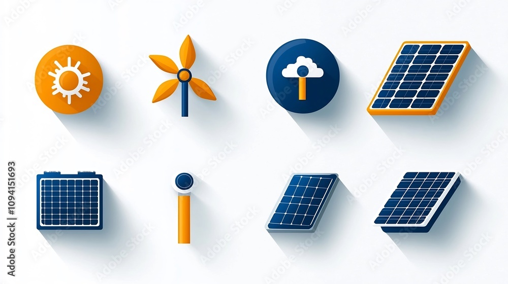 Poster a set of 15 minimalist icons focused on solar energy production with symbols for solar panels invert
