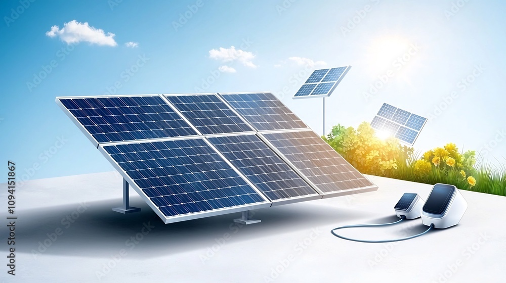 Poster set of modern linear icons depicting various elements of solar energy systems including rooftop pane