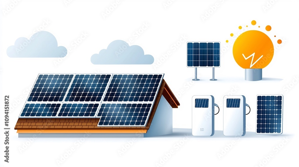 Poster minimalist linear style icons focusing on various solar energy system components such as rooftop pan