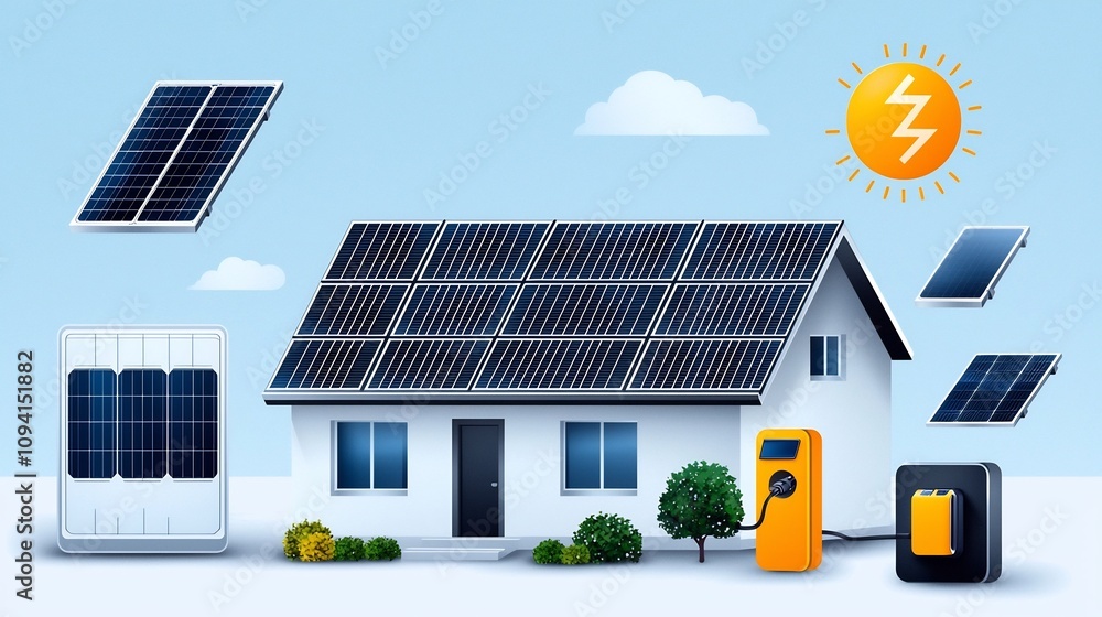 Poster a set of stylized linear graphic icons focusing on various solar energy systems and technologies inc
