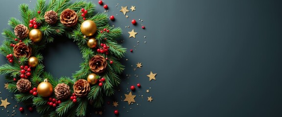 Christmas wreath arrangement with pinecones red berries and gold ornaments on a dark background with room for your personalized holiday greeting.