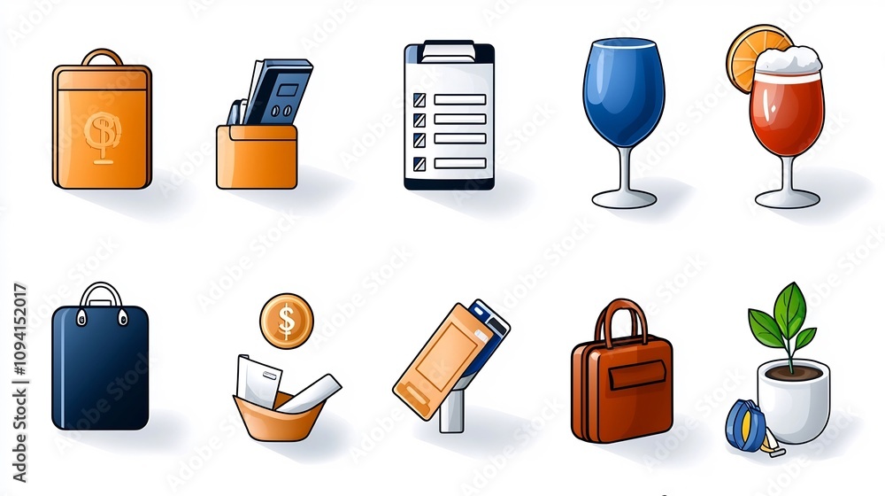 Poster Set of 15 minimalist line art icons representing key hotel reception concepts like guest check in reservation and cashier services