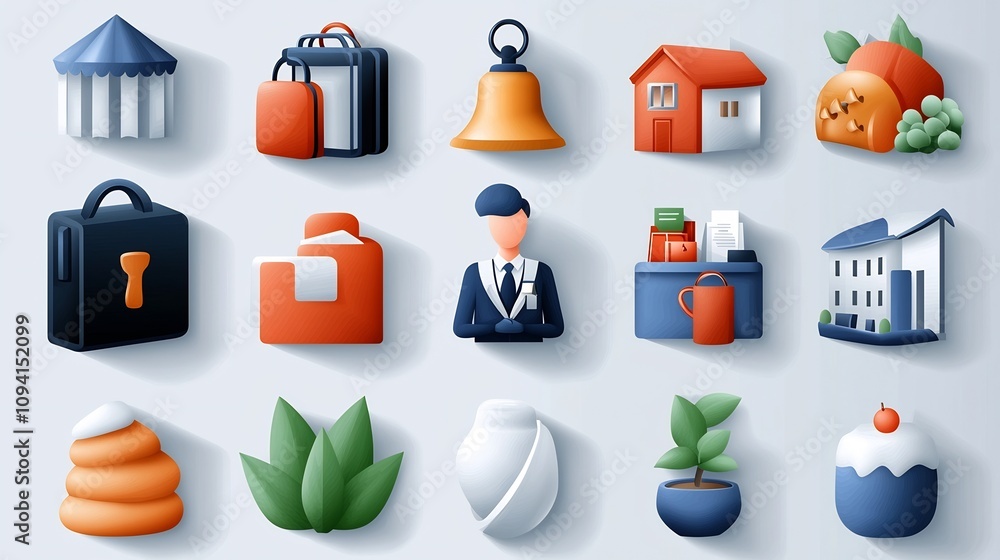 Poster a set of 15 minimalist icons featuring various reception desk themes such as receptionist hotel bell